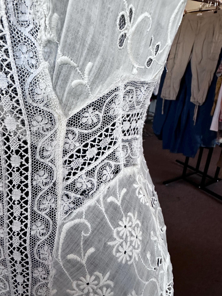 Antique Edwardian Crocheted Lace Cotton Tea Summer Bridal Gauzy Dress XXS/XS