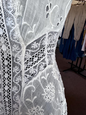 Antique Edwardian Crocheted Lace Cotton Tea Summer Bridal Gauzy Dress XXS/XS