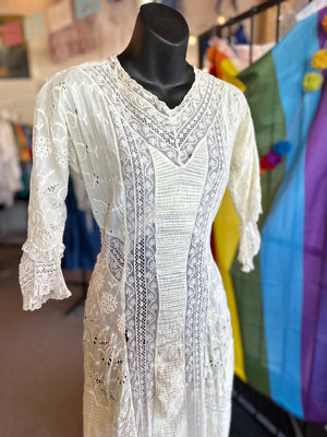 Antique Edwardian Crocheted Lace Cotton Tea Summer Bridal Gauzy Dress XXS/XS
