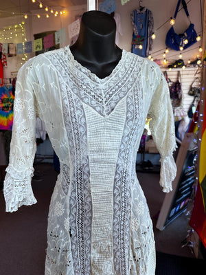 Antique Edwardian Crocheted Lace Cotton Tea Summer Bridal Gauzy Dress XXS/XS
