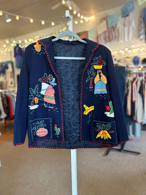 1950's Vintage Mexican Fiestaware/Souvenir Wool Cardigan Novelty Handmade AS IS Size XS