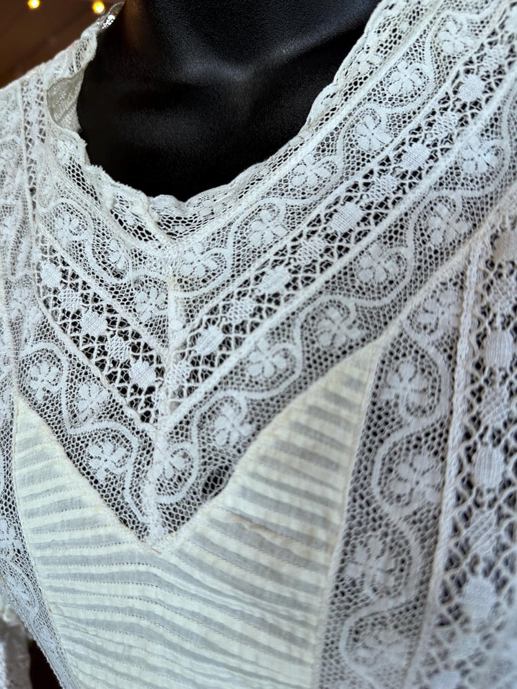 Antique Edwardian Crocheted Lace Cotton Tea Summer Bridal Gauzy Dress XXS/XS
