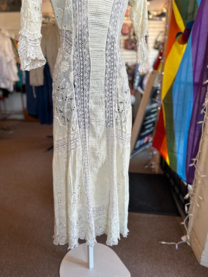 Antique Edwardian Crocheted Lace Cotton Tea Summer Bridal Gauzy Dress XXS/XS