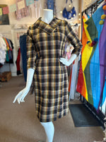 Vintage 60s/70s Handmade Rainbow Brown Prism Plaid Flannel Dress Has Pockets Size Small