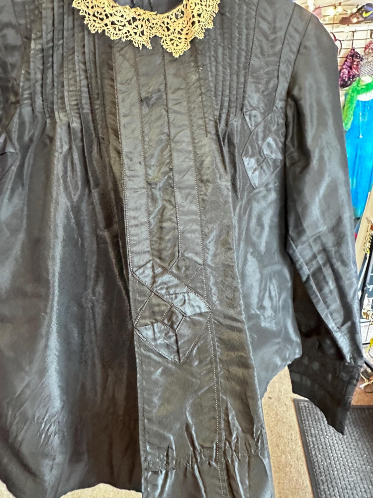 Vintage Victorian Edwardian Silk Black Blouse Lace Collar Geometric Pattern As Is