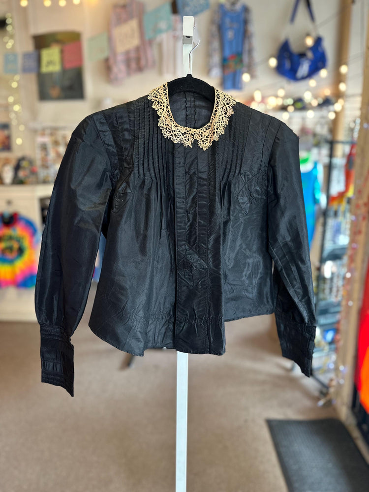 Vintage Victorian Edwardian Silk Black Blouse Lace Collar Geometric Pattern As Is