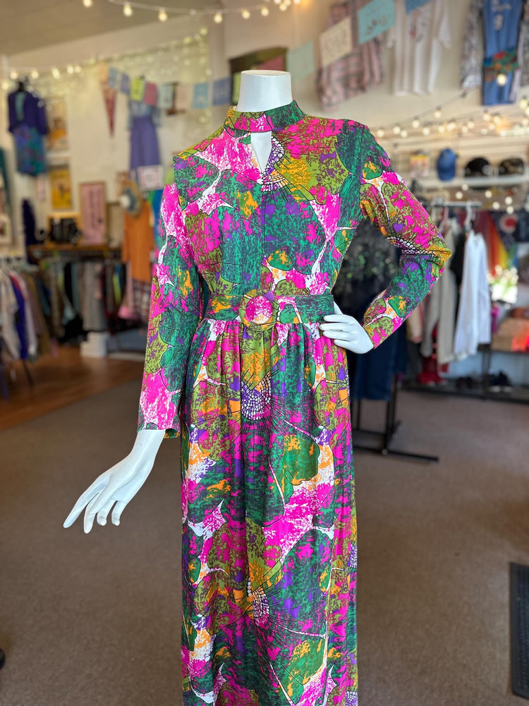 1970s Vintage Abstract Keyhole Neckline Psychedelic Hippie Maxi Polyester Dress with Belt