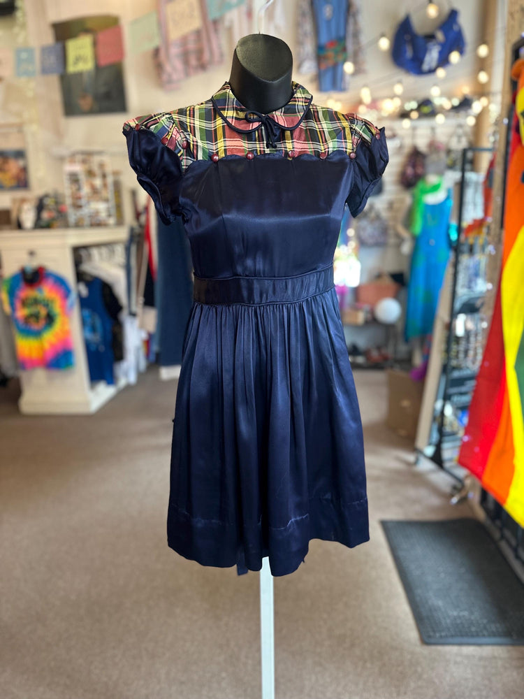1940's Vintage Girls Juniors Tafta and Plaid Party Dress with Buttons Unique