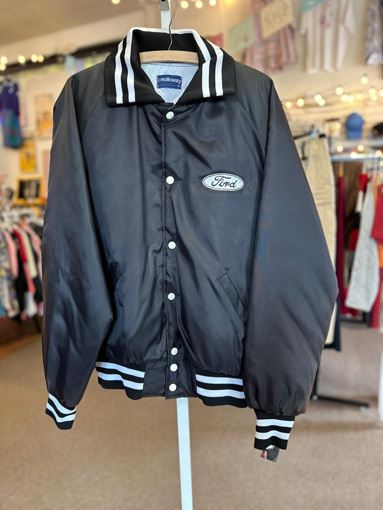 1980's/90s Vintage Holloway NWT Vintage Bomber Ford Automotive White Color Logo Black Jacket Men's XL as is