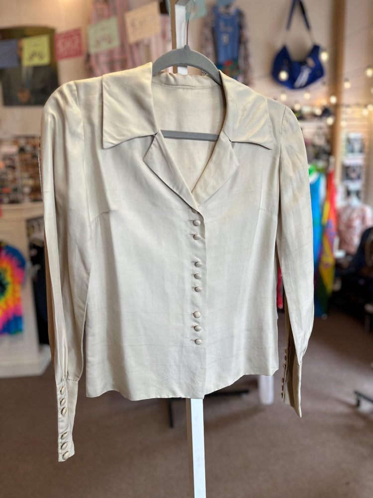 1940's or Earlier Vintage Antique Raw Silk Long Sleeved Blouse XS