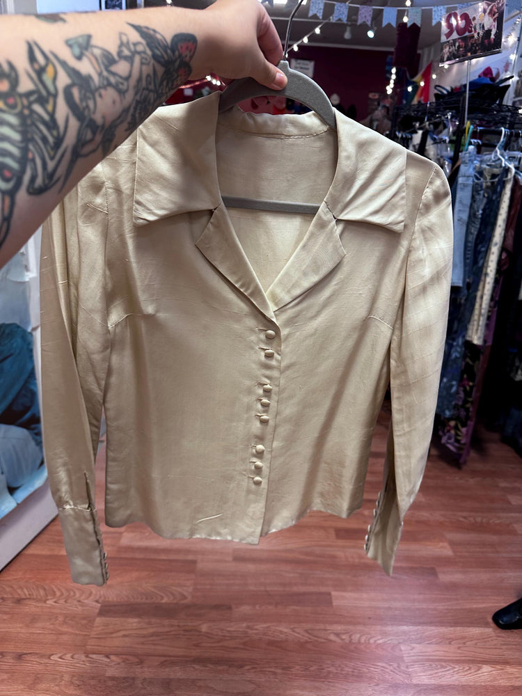 1940's or Earlier Vintage Antique Raw Silk Long Sleeved Blouse XS