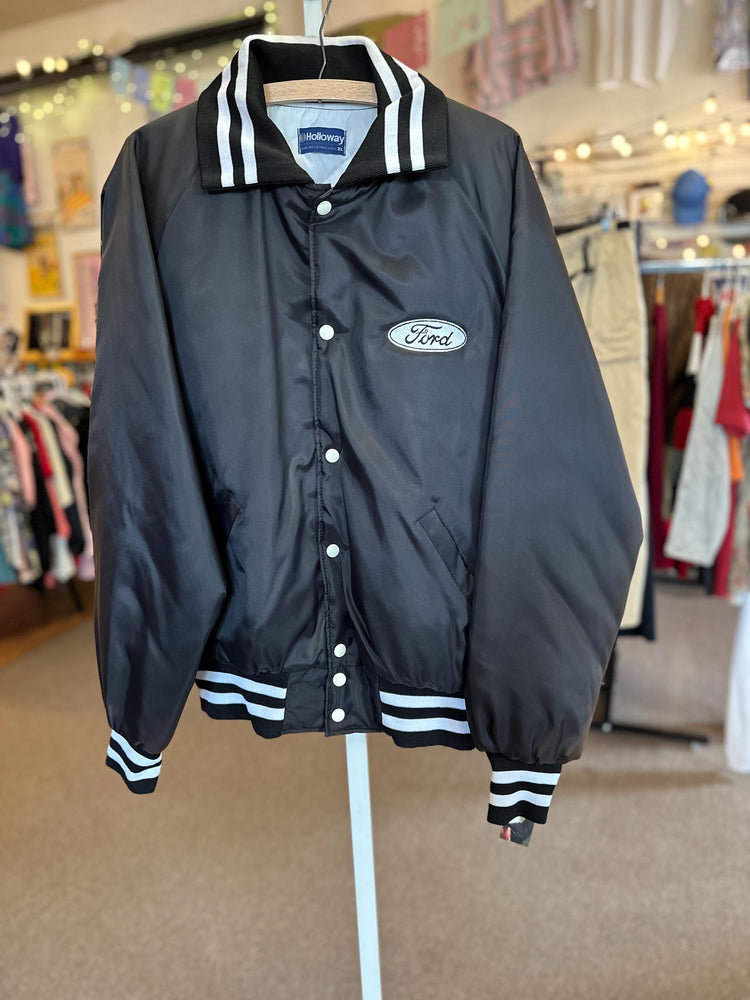 1980's/90s Vintage Holloway NWT Vintage Bomber Ford Automotive White Color Logo Black Jacket Men's XL as is