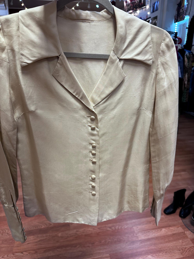 1940's or Earlier Vintage Antique Raw Silk Long Sleeved Blouse XS