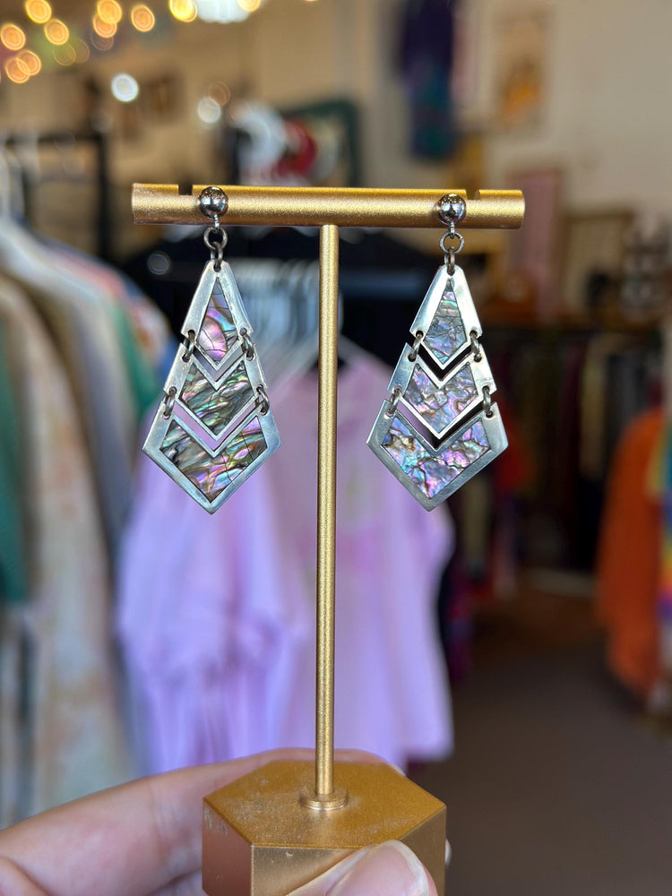 Sterling Silver .925 Mexican Abalone Stamped Chevron Earrings Beautiful