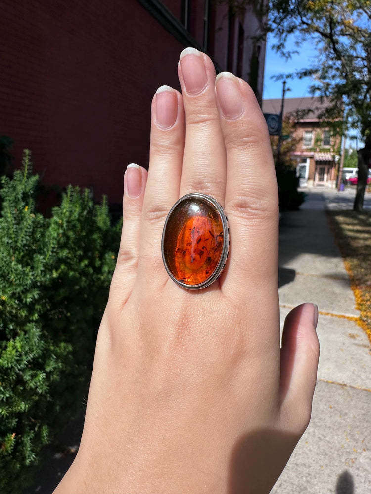 Vintage Sterling Silver Stamped Huge Amber Ring Size 7.5/8