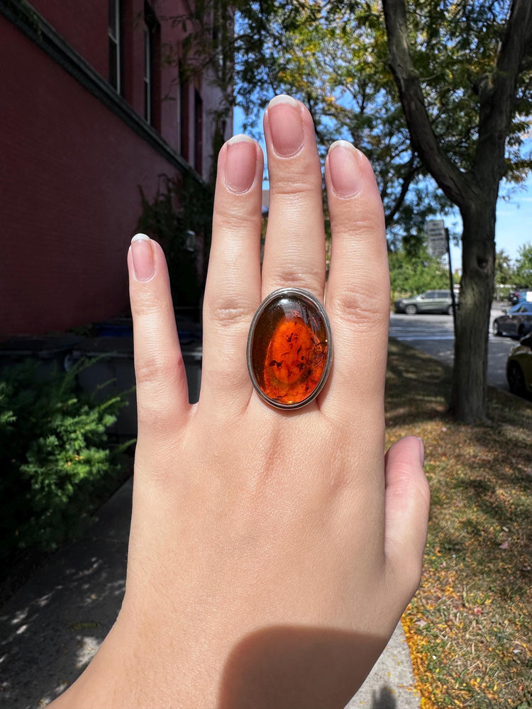 Vintage Sterling Silver Stamped Huge Amber Ring Size 7.5/8