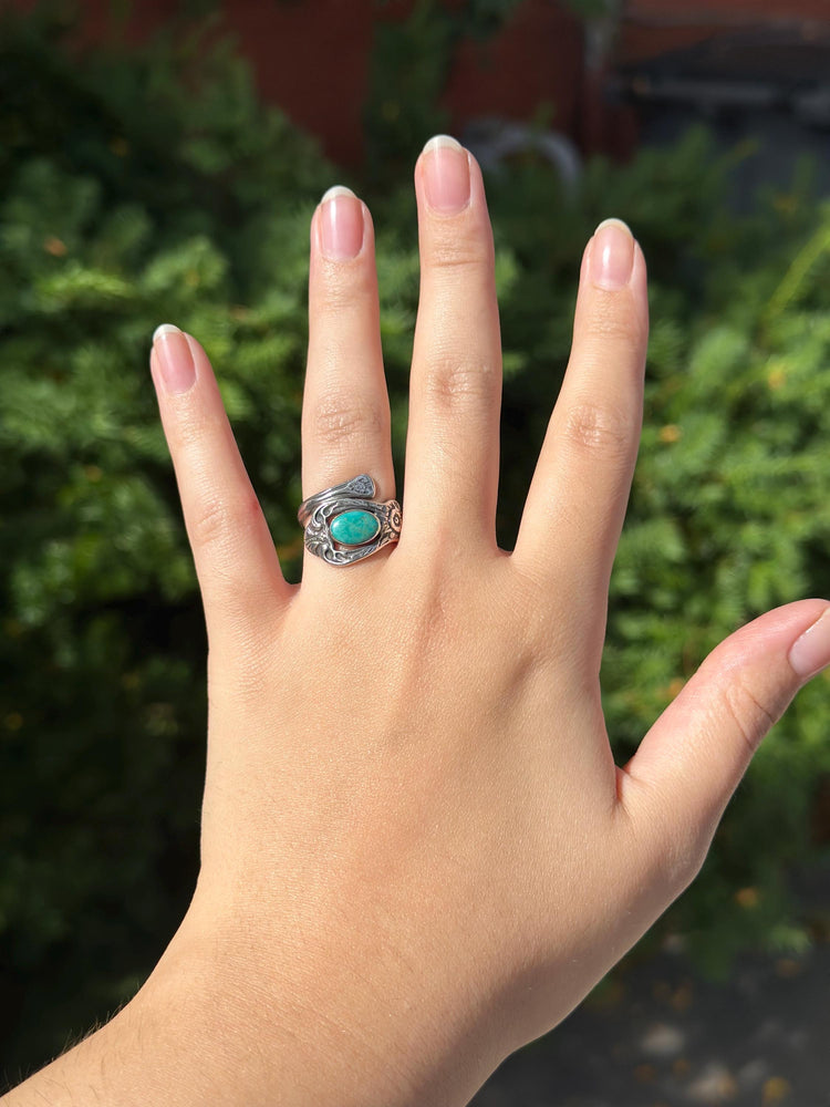 Vintage Sterling Silver Handmade  Turqoise Spoon Ring size 5.5