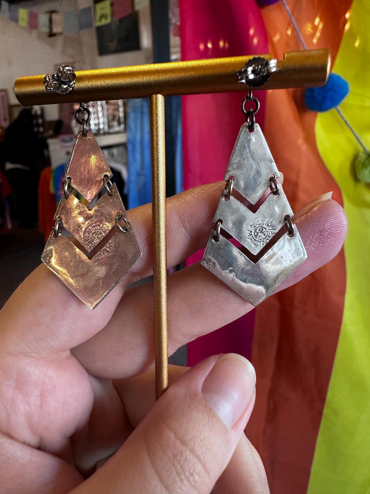 Sterling Silver .925 Mexican Abalone Stamped Chevron Earrings Beautiful