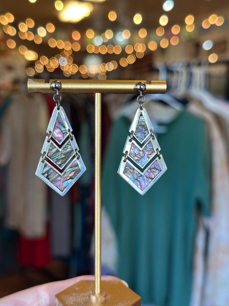 Sterling Silver .925 Mexican Abalone Stamped Chevron Earrings Beautiful