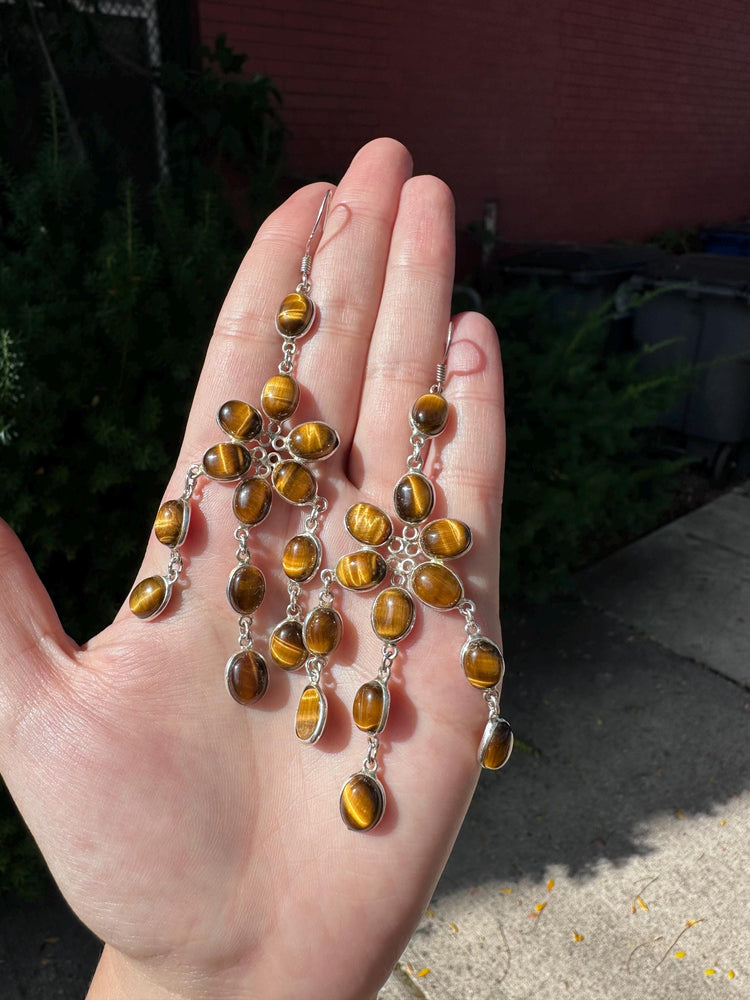 Absolutely Stunning Tigers Eye Floral Sterling Silver Dangle Earrings Statement Piece Boho Rare Vintage 70s Inspired Earthy Boho