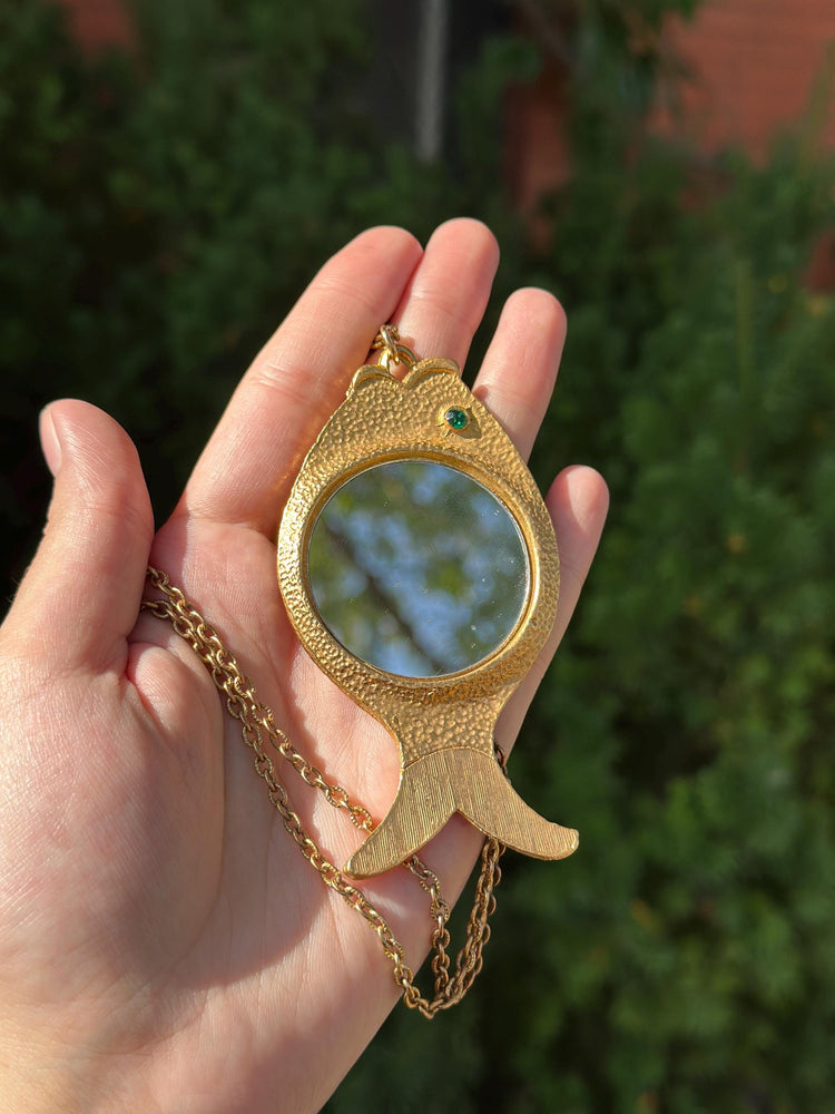 1960's/70's Vintage Mod Kitschy Rare and Unique Fish Mirror Necklace Gold Tone Great Condition Cutesy Twee