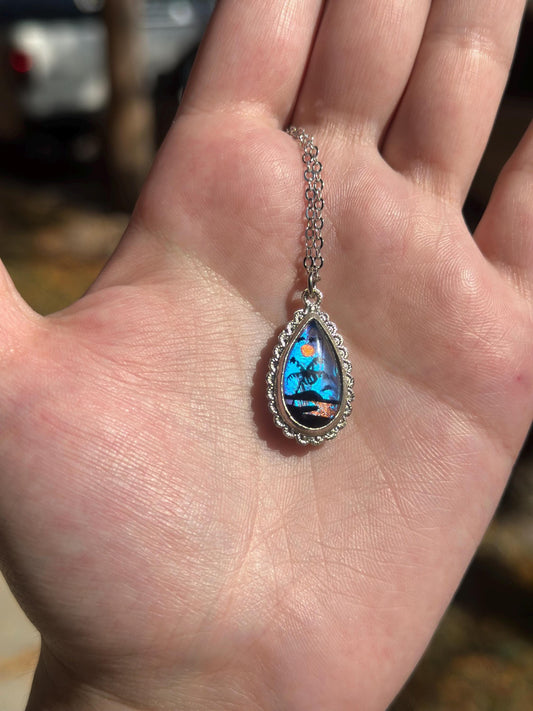 Real Butterfly Morpho Wing Handpainted Scene Tear Drop Sterling Silver unmarked Reversible necklace