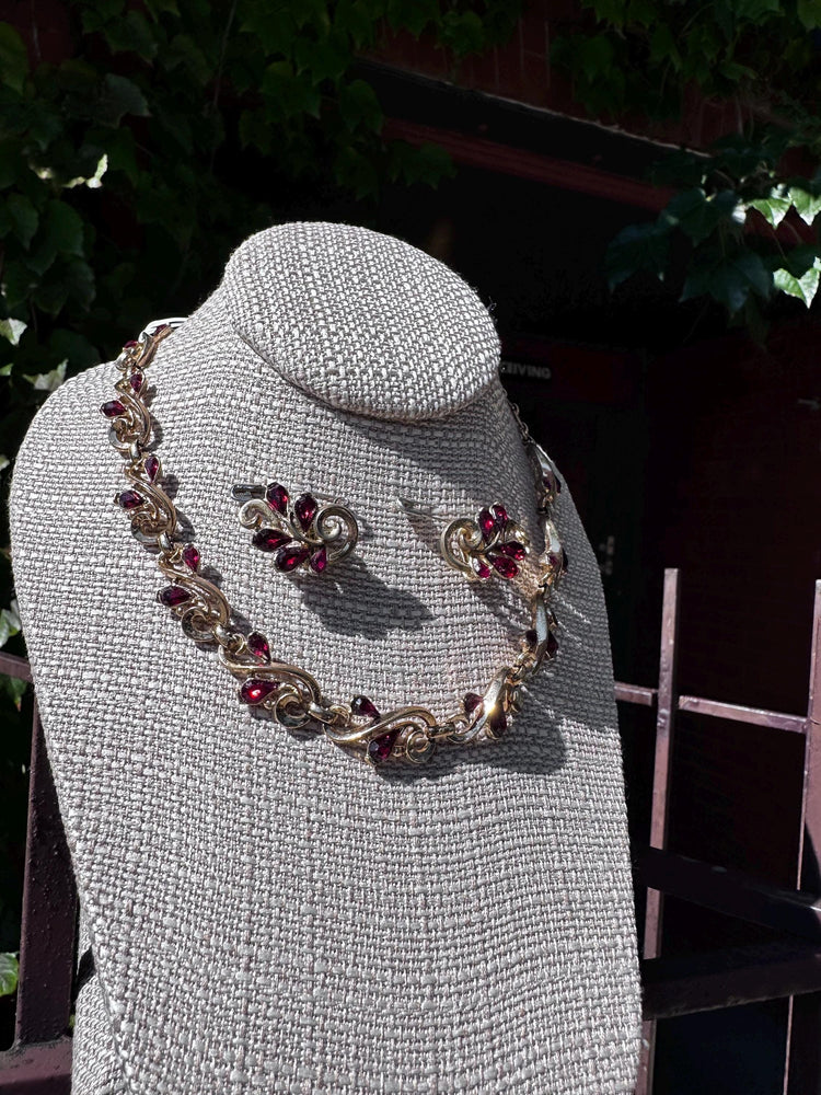 Vintage Trifari Gold Tone Ruby Rhinestone Necklace and Clip On Earring Set