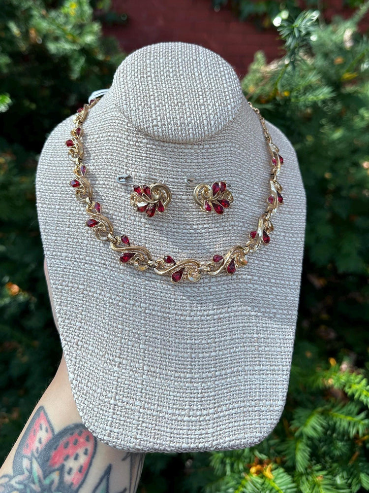 Vintage Trifari Gold Tone Ruby Rhinestone Necklace and Clip On Earring Set