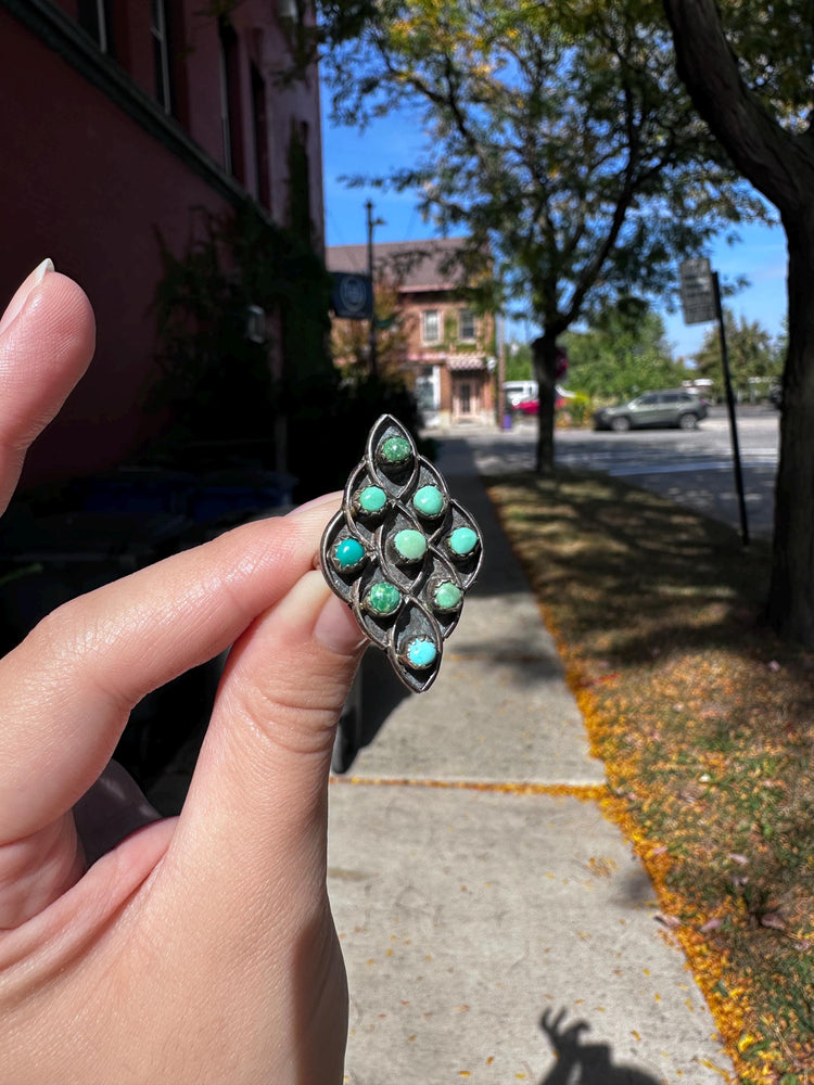 Vintage Rare Sterling Silver Native Zuni or India Pointed Turquiose Mermaid Scale Ring Size 5.5/6