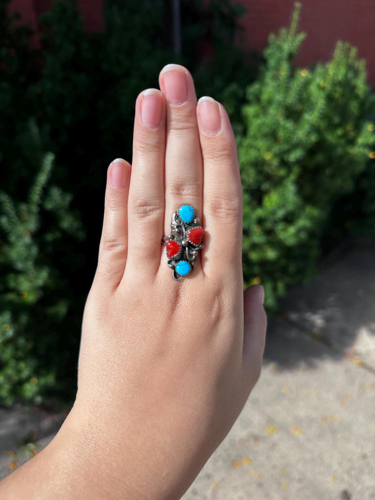 Vintage Unique Handmade Stamped Sterling Silver Turquoise and Coral Swirls and leafs hidden heart size 7