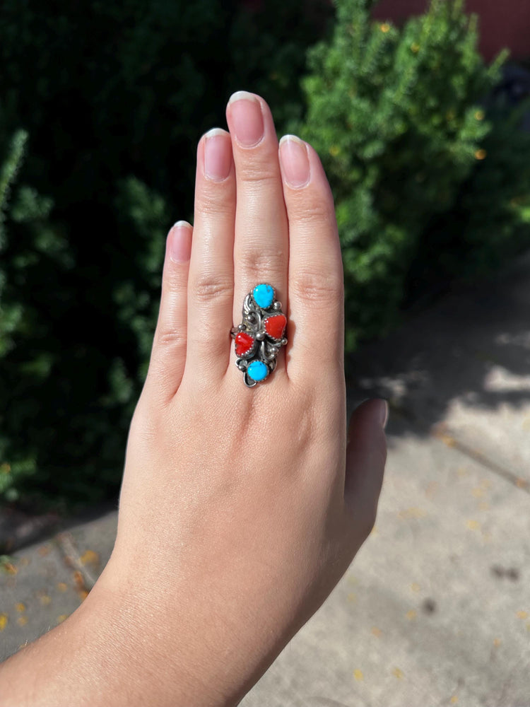 Vintage Unique Handmade Stamped Sterling Silver Turquoise and Coral Swirls and leafs hidden heart size 7