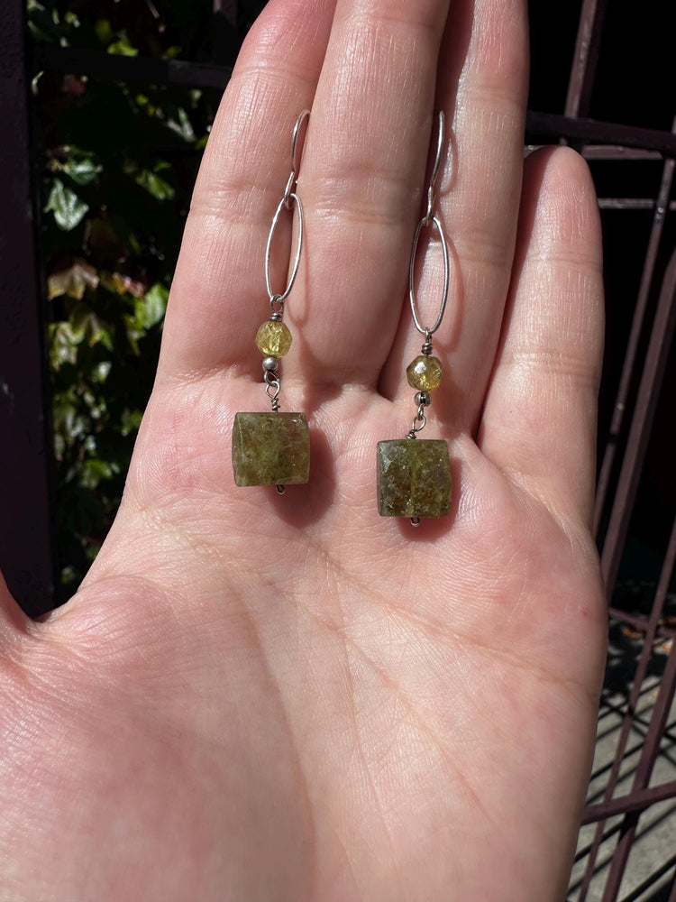 Untreated Natural Faceted Peridot Sterling Silver Paper Clip Chain Sterling Silver Necklace and Earring set