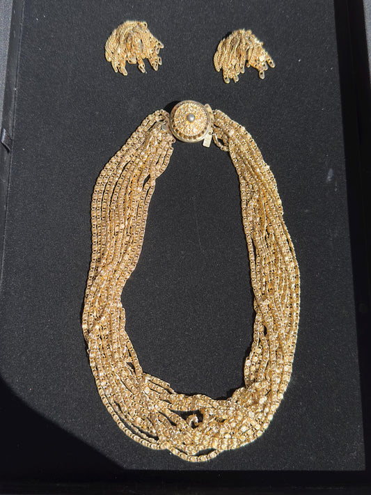 Vintage 1940's-50's Gold Tone Kramer of New York Multistrand Necklace and Earring Set with multiple strands and decorative clasp.