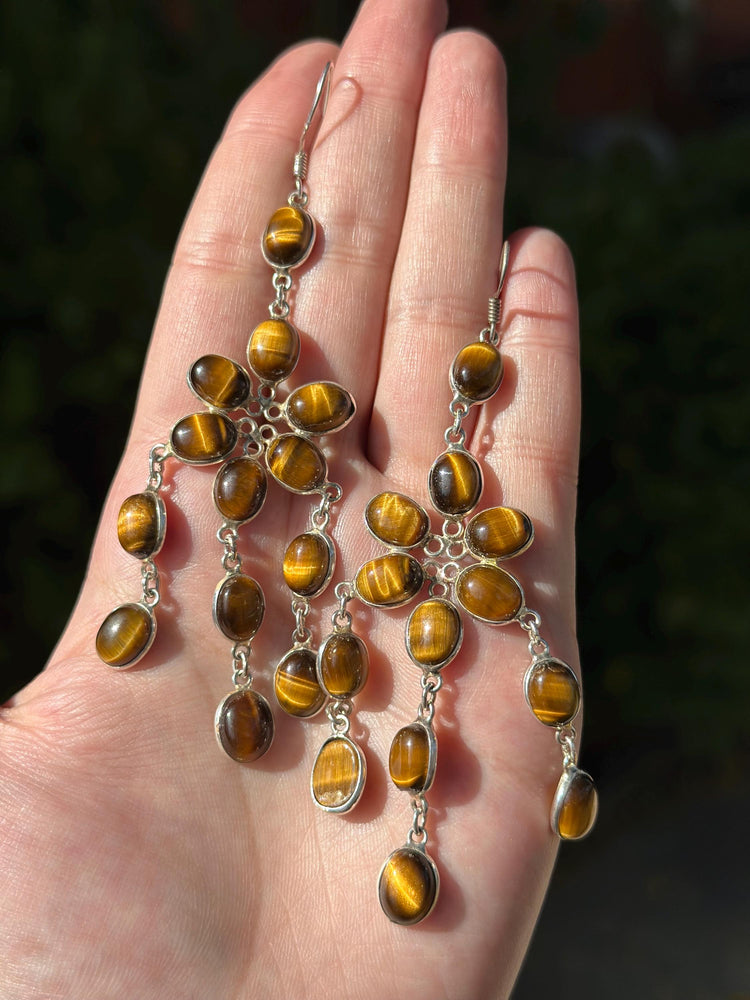Absolutely Stunning Tigers Eye Floral Sterling Silver Dangle Earrings Statement Piece Boho Rare Vintage 70s Inspired Earthy Boho