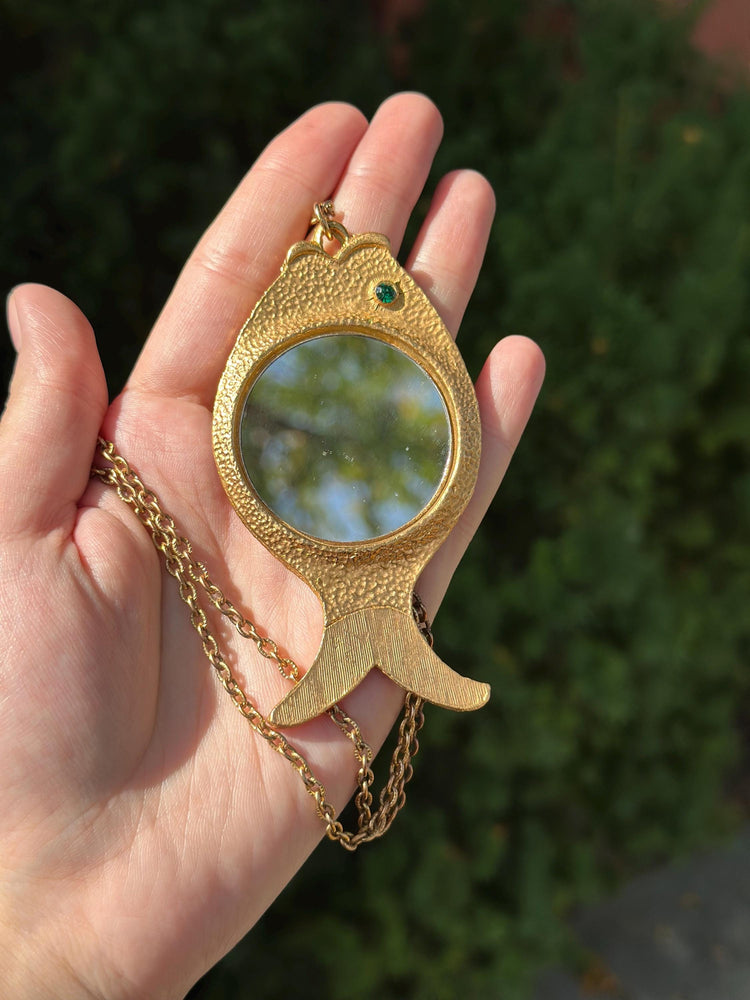1960's/70's Vintage Mod Kitschy Rare and Unique Fish Mirror Necklace Gold Tone Great Condition Cutesy Twee