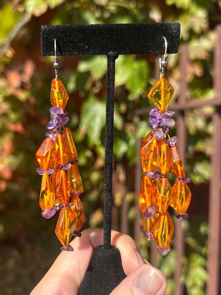 Beautiful Artsy Vintage Faceted Amber With Amethyst Bead Dangle Earrings.