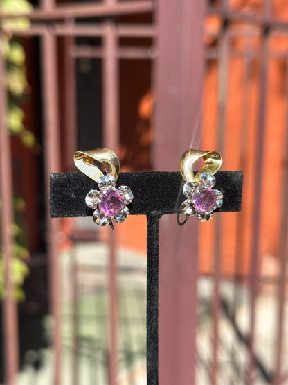 MCM Vintage Atomic 1940's-1950's Henry and Co Gold Filled Purple Buttercup Screw Back Clip On Earrings