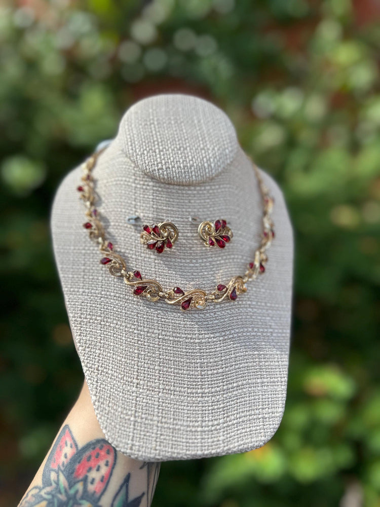 Vintage Trifari Gold Tone Ruby Rhinestone Necklace and Clip On Earring Set