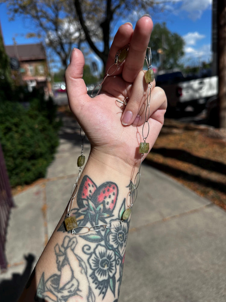 Untreated Natural Faceted Peridot Sterling Silver Paper Clip Chain Sterling Silver Necklace and Earring set