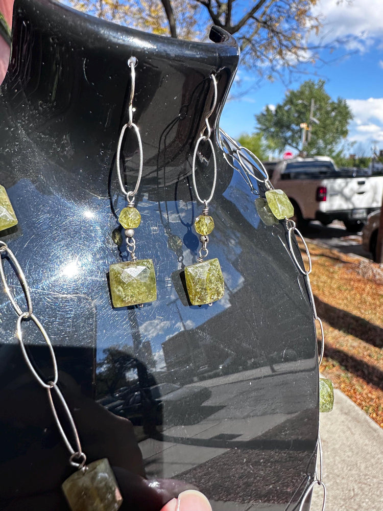 Untreated Natural Faceted Peridot Sterling Silver Paper Clip Chain Sterling Silver Necklace and Earring set