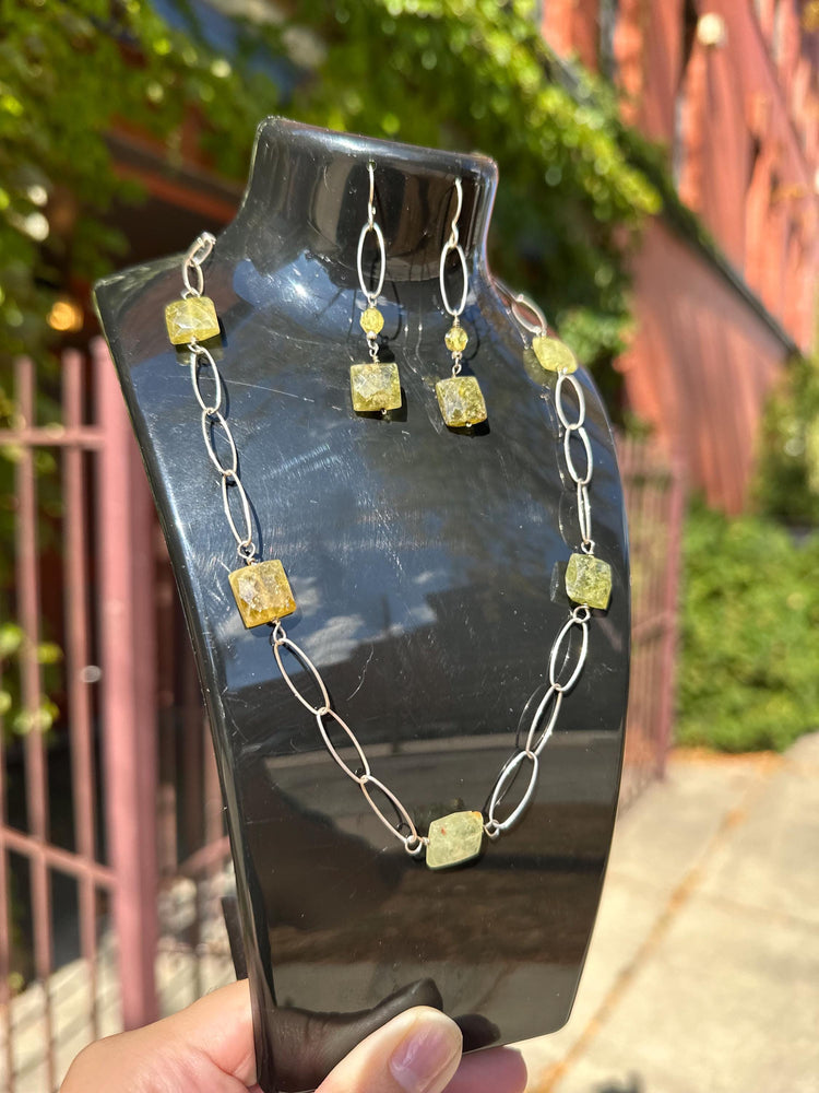 Untreated Natural Faceted Peridot Sterling Silver Paper Clip Chain Sterling Silver Necklace and Earring set