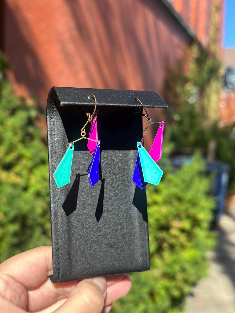 1960's Rare MCM Mobile Jewel Toned Enamel and Brass Kite Screwback Earrings Alexander Calder Inspired