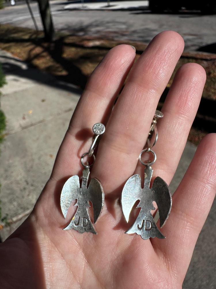Vintage Sterling Silver JD Turquoise Navajo Chip Fire Bird Screw Back Earrings