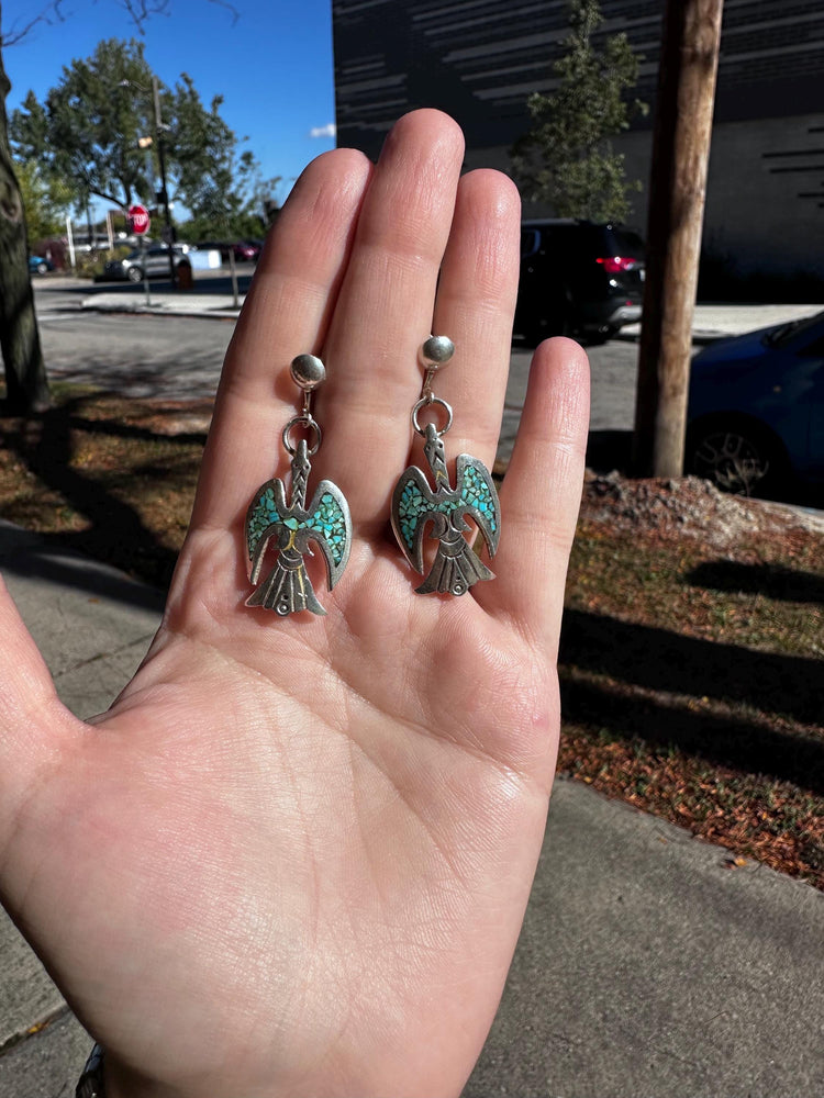 Vintage Sterling Silver JD Turquoise Navajo Chip Fire Bird Screw Back Earrings