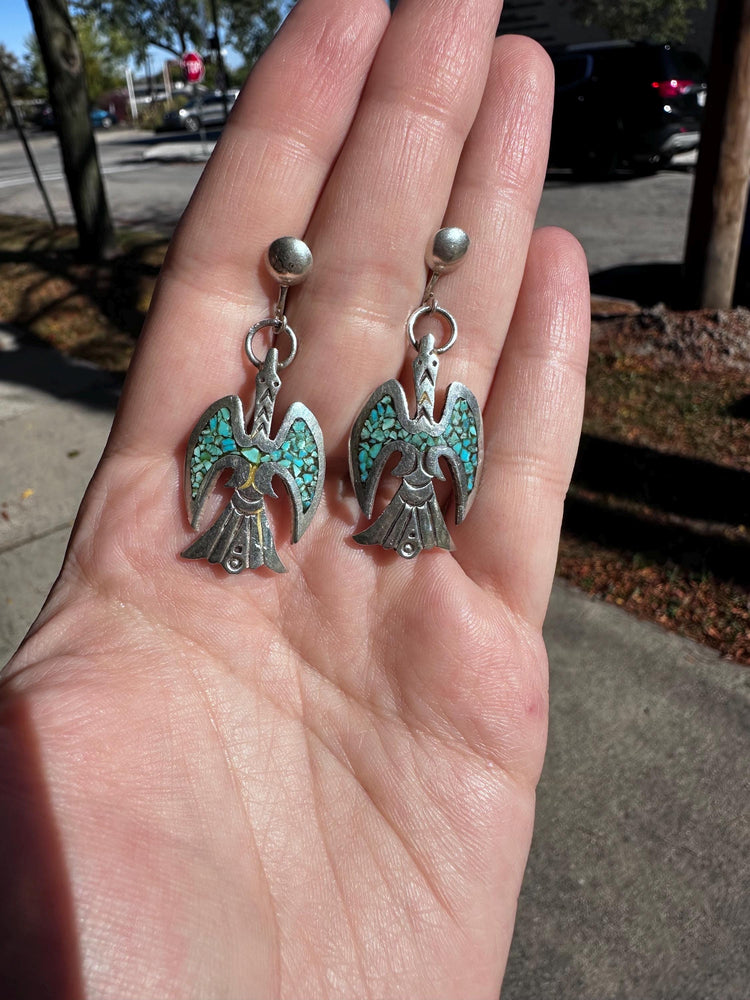 Vintage Sterling Silver JD Turquoise Navajo Chip Fire Bird Screw Back Earrings