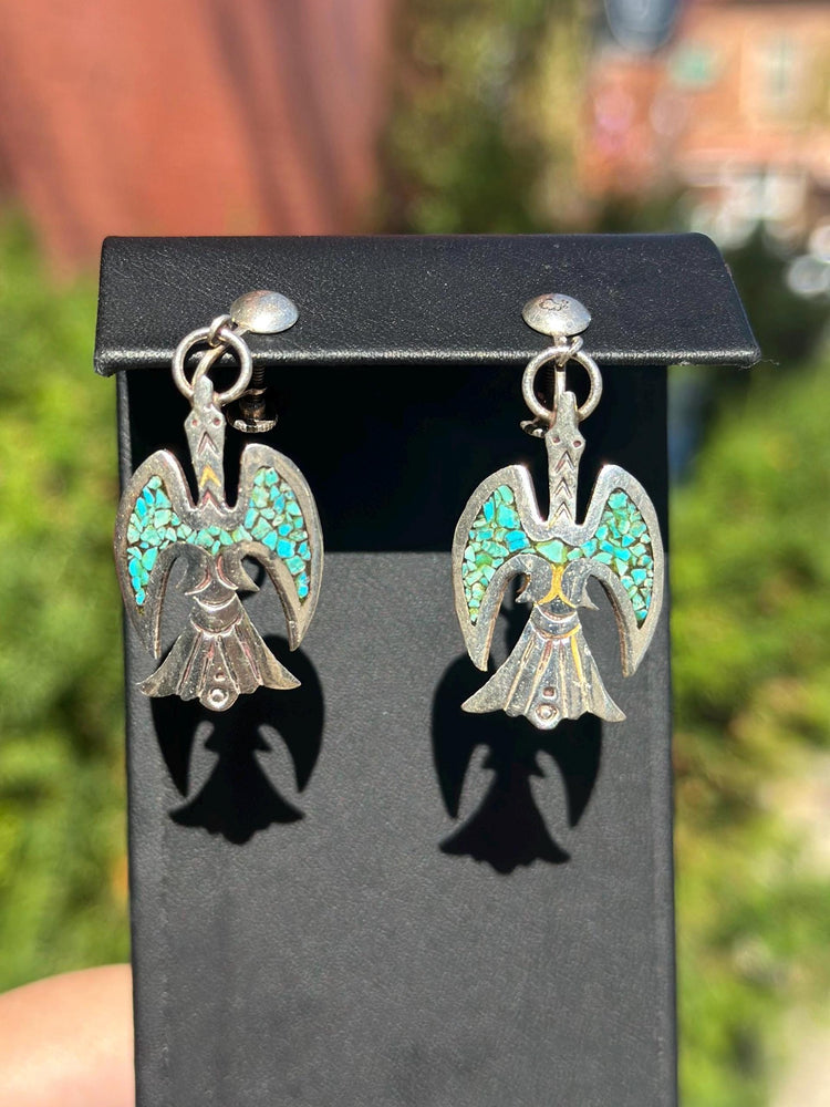Vintage Sterling Silver JD Turquoise Navajo Chip Fire Bird Screw Back Earrings