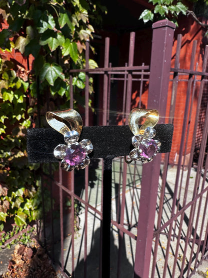 MCM Vintage Atomic 1940's-1950's Henry and Co Gold Filled Purple Buttercup Screw Back Clip On Earrings