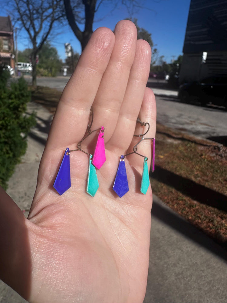 1960's Rare MCM Mobile Jewel Toned Enamel and Brass Kite Screwback Earrings Alexander Calder Inspired
