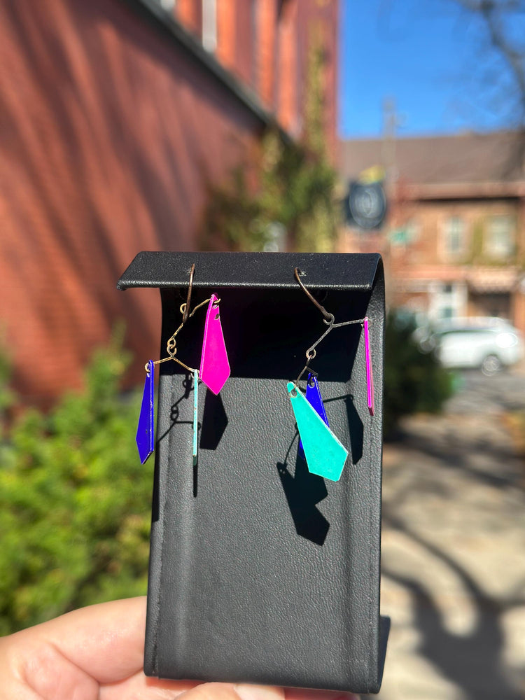 1960's Rare MCM Mobile Jewel Toned Enamel and Brass Kite Screwback Earrings Alexander Calder Inspired