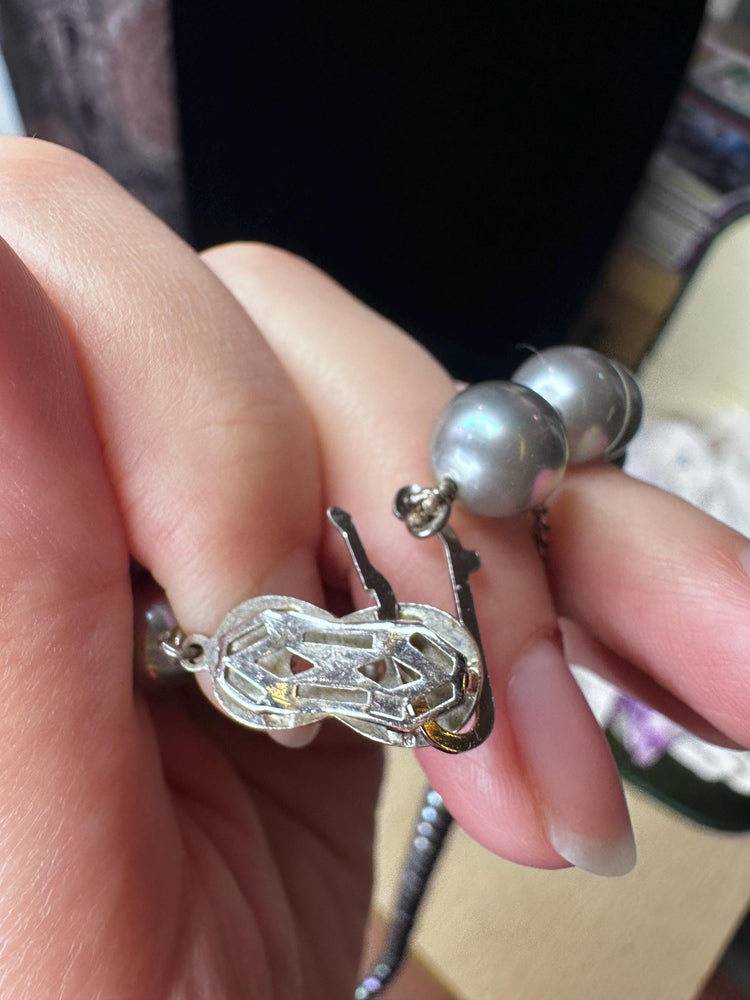 Gorgeous Vintage PM70 Marjorica Simulated Pearl Iridescent Blue Gray Pearls Single Strand Longish